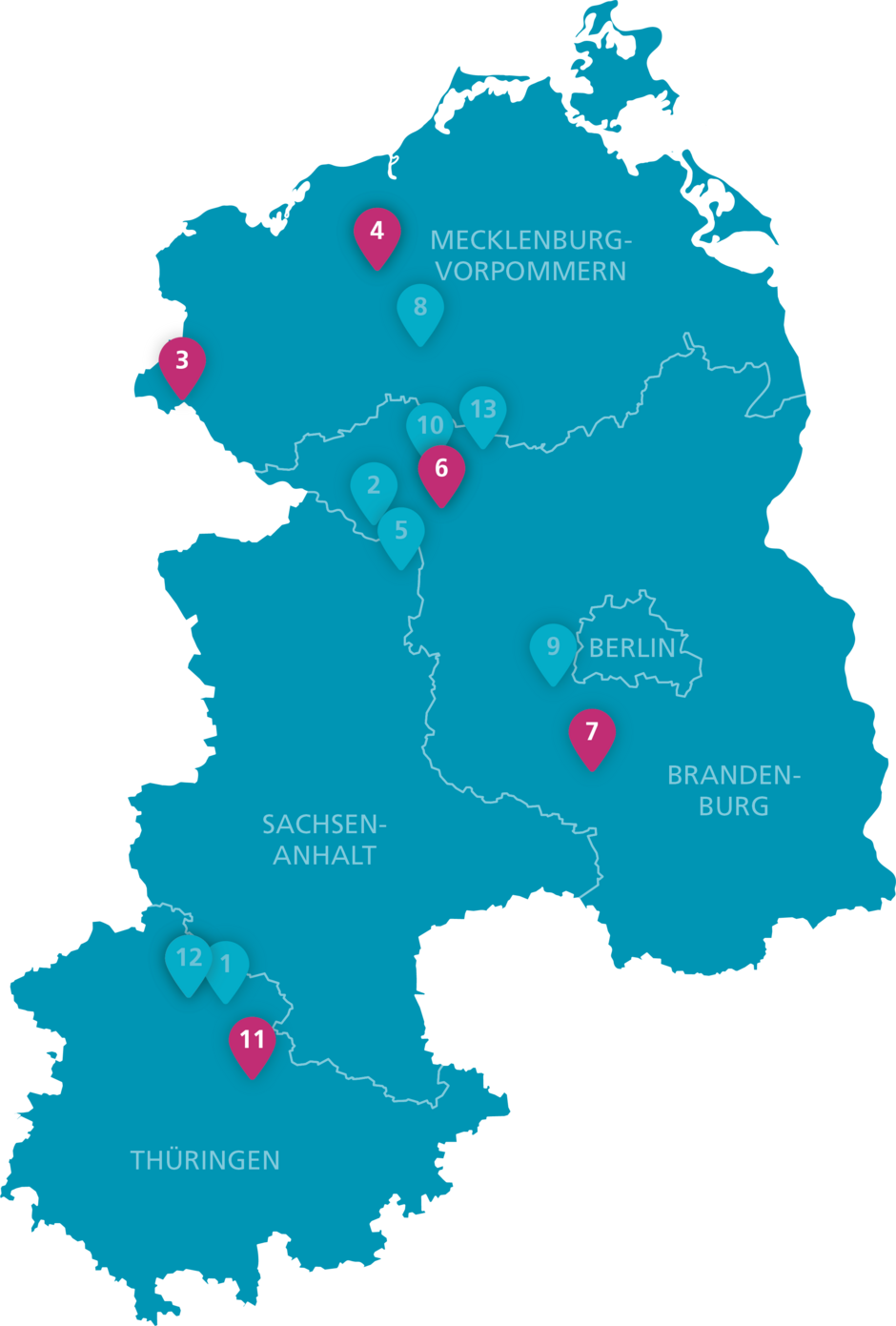 Karte mit Standorten für die Ausbildung: Boizenburg, Güstrow, Kyritz, Luckenwalde, Sömmerda